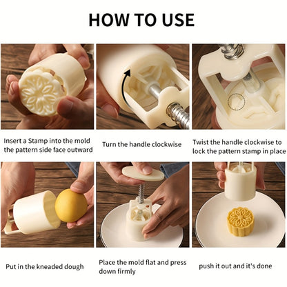 Mooncake Mold 7pcs Set, 50g Hand Press Moon Cake Maker with 6 Flower Pattern Stamps, Mid-Autumn Festival Cookie Stamp Pastry Tool, Plastic Mooncake Press Mold for DIY Baking