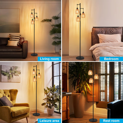 Boho Rattan Floor Lamp Dimmable – 3-Light Stepless Dimming Standing Lamp with Natural Rattan Shade & Metal Base for Living Room, Bedroom, Dining Room – Warm Bohemian Home Lighting