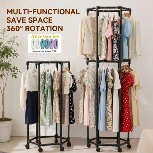 Rolling Hexagon Clothes Drying Rack 1 or 2 Layer – Sturdy Metal Floor Stand with Wheels, Multi-Bar & 10 Clips, Portable Laundry Rack for Bedroom, Balcony & Dorm