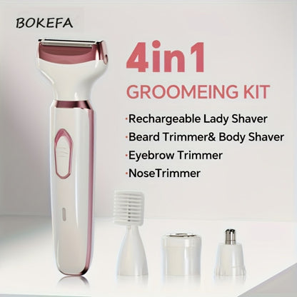 Women's Electric Razor 4-in-1 Painless Grooming Kit Wet Dry Rechargeable Trimmer for Face Nose Legs Underarm Bikini Portable Hair Removal Tool for Women