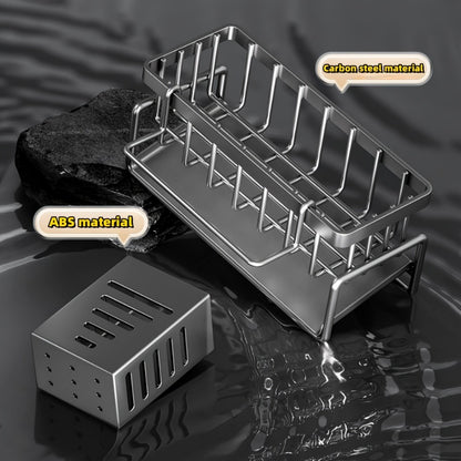 Kitchen Sink Organizer Sponge Holder with Self-Draining Tray Removable Rag Rod Carbon Steel Countertop Storage Rack for Sponges Brushes Soap Bathroom