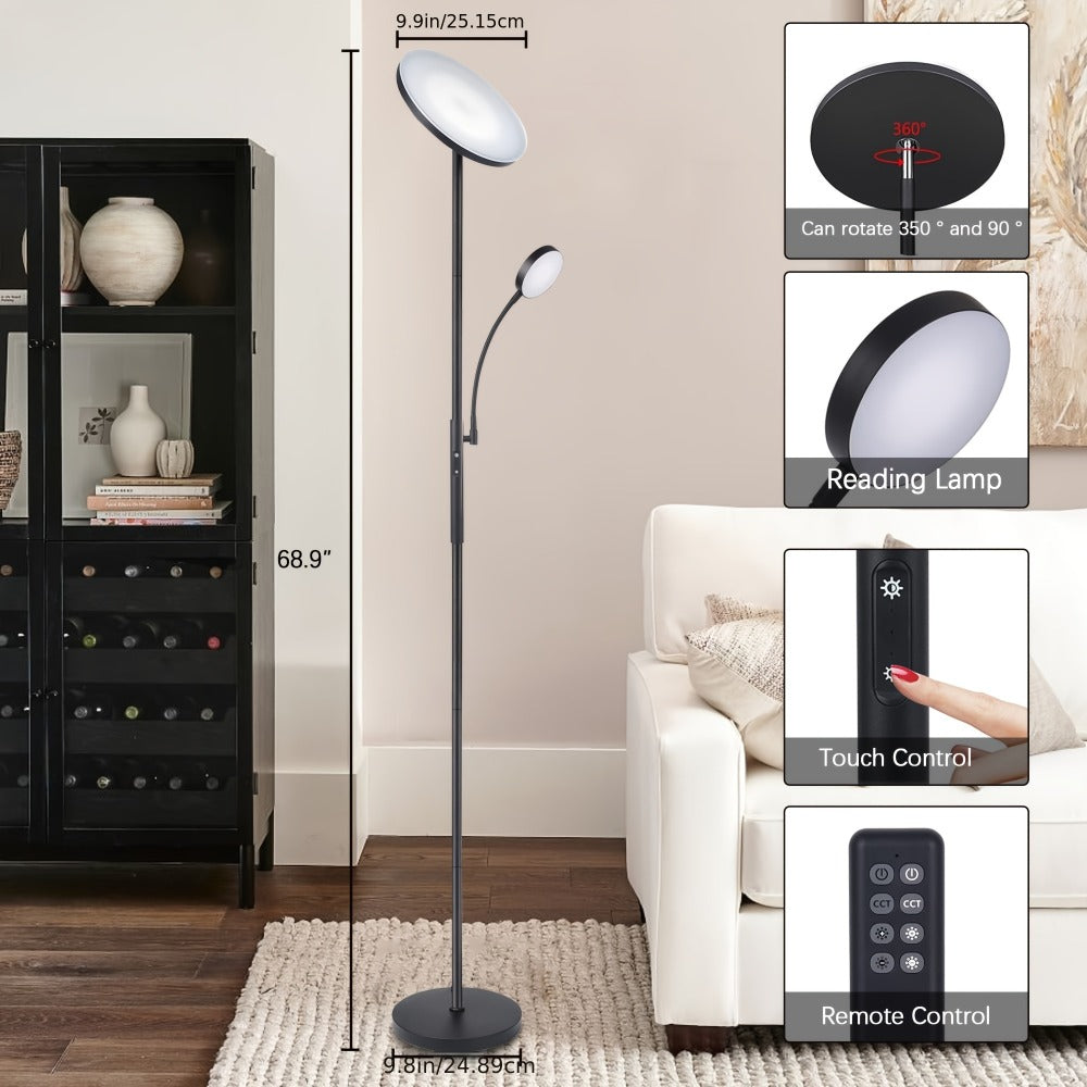 LED Floor Lamp with Reading Light – 27W 2300LM Dimmable Torchiere Standing Lamp, 4 Color Temperatures, Remote & Touch Control, Metal Base for Living Room Bedroom Home Office (Black/White)