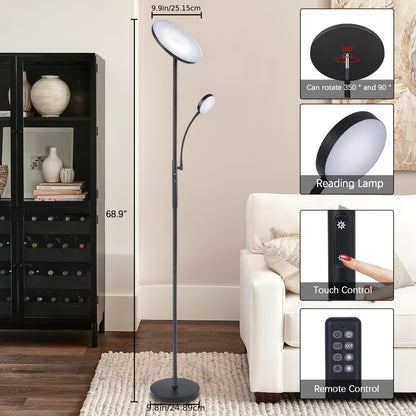 LED Floor Lamp with Reading Light – 27W 2300LM Dimmable Torchiere Standing Lamp, 4 Color Temperatures, Remote & Touch Control, Metal Base for Living Room Bedroom Home Office (Black/White)