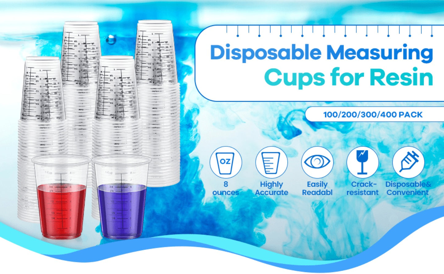 Plastic Measuring Cups with Wooden Sticks 100 Sets Clear Graduated Mixing Cups oz/ml/cc for Resin, Cooking, Baking & Epoxy – Disposable Paint Mixing Cups