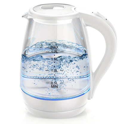 Glass Electric Kettle 1200W Fast Boiling – 57.48oz Tea Kettle with LED Indicator, Auto Shut-Off & Boil-Dry Protection, Elegant Transparent Design for Kitchen, Office & Camping