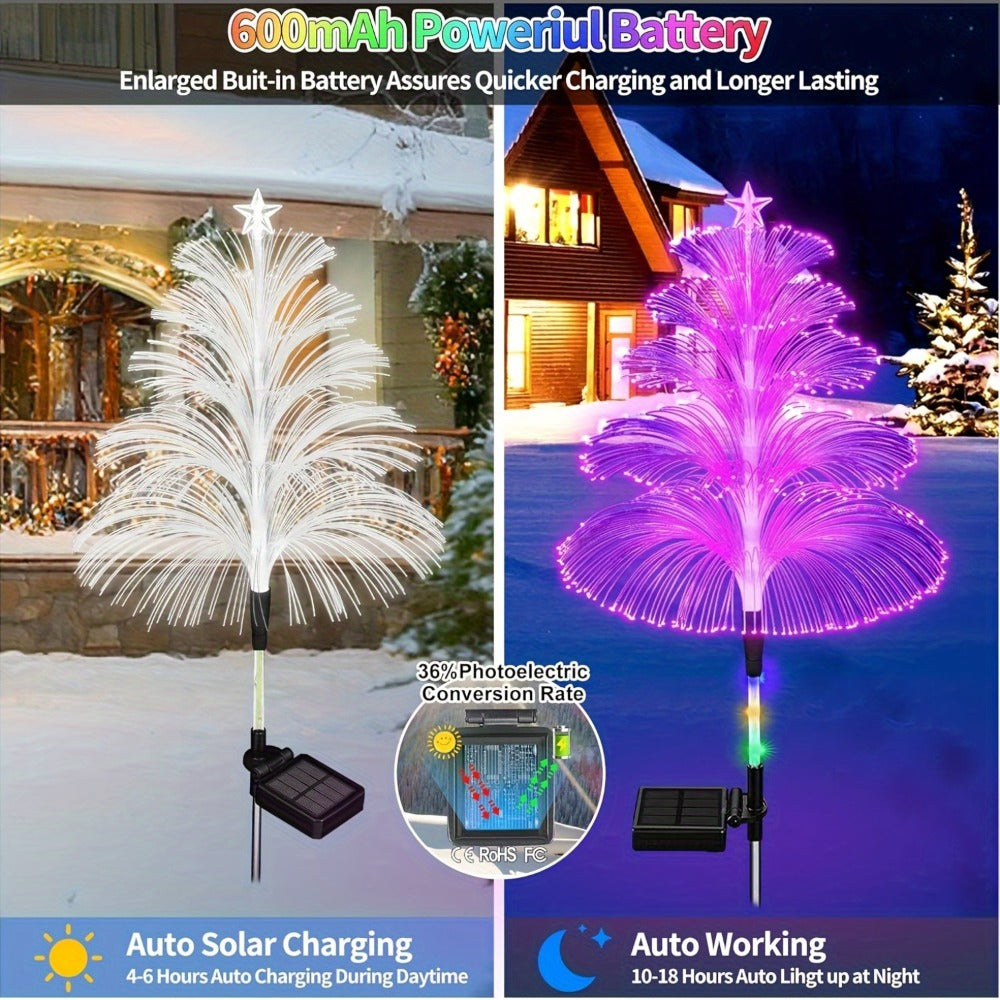 Solar Christmas Tree Lights Fiber Optic Star, 7-Color LED IP65 Waterproof Garden Stake Lights — 2 or 5 Layer Star for Lawn, Pathway, Patio & Holiday Decor | 2, 4 or 6 Pack