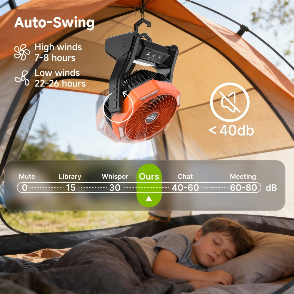 Camping Fan 20000mAh with LED Light and Brushless Motor, 4-Speed 180° Oscillating Portable Outdoor Fan, 22-26H Long Runtime Anti-Slip Base, 3-in-1 Table Fan for Camping, Hiking, Picnic and Emergency