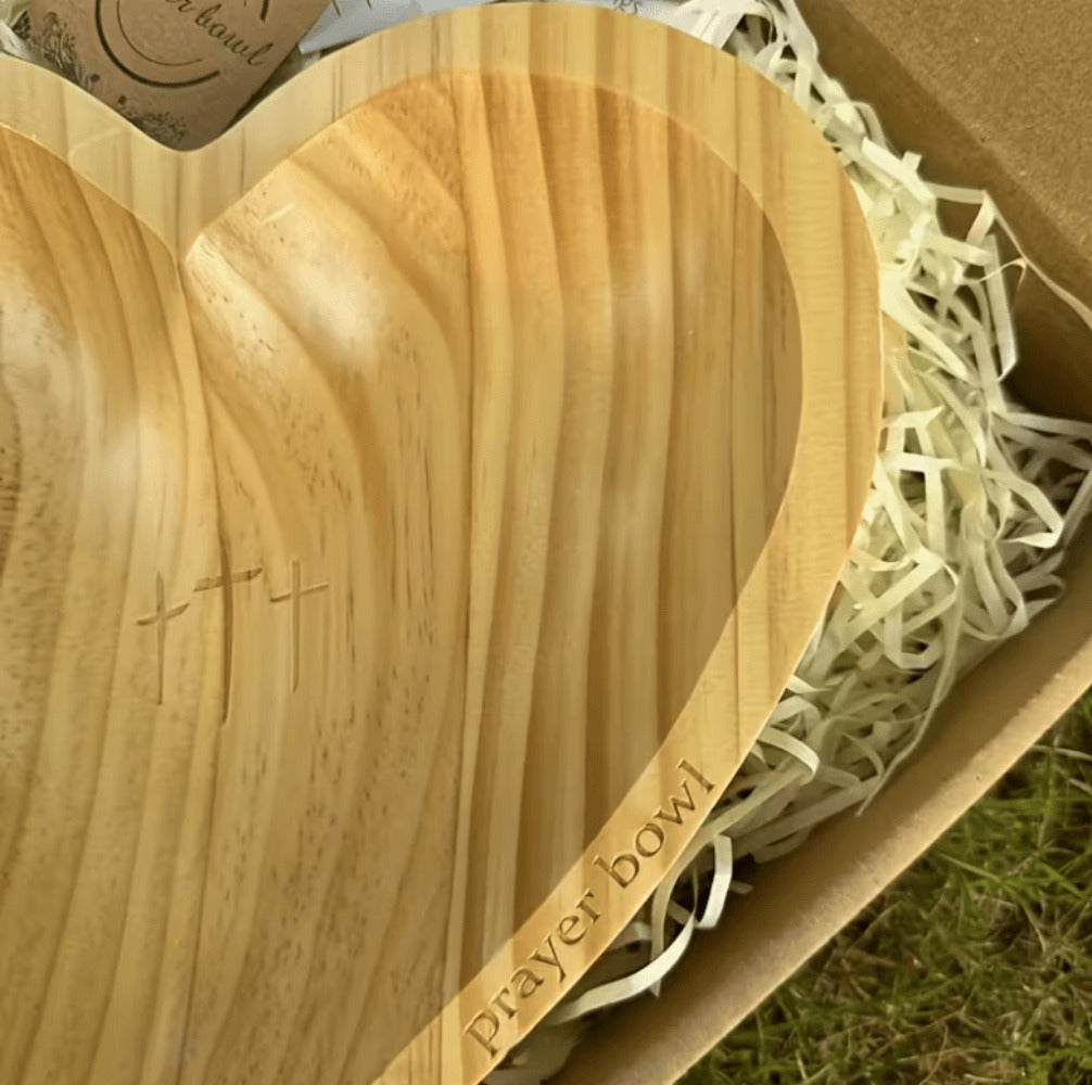 Wooden Prayer Bowl with 24 Prayer Cards – Hand-Carved Heart Shaped Cross Engraved Vintage Religious Gift Set for Easter, Christmas, Thanksgiving, Home Altar & Prayer Room Tabletop Decor