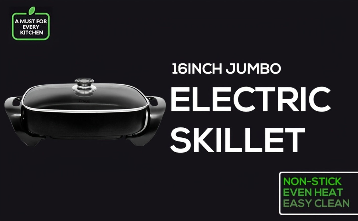 Jumbo Electric Skillet 8-Quart 16x12x3.15 Inch Deep Dish Copper Nonstick with Tempered Glass Vented Lid & Upgraded Thermostat – Large Family Electric Frying Pan for Roasting Frying