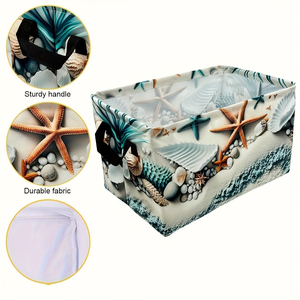 Storage Basket Fabric Organizer Bin – Beach Shell & Starfish Design for Shelf, Laundry, Nursery, Home Office, Dorm, Books, Clothes & Gifts
