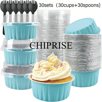 Aluminum Foil Baking Cups with Lids, Disposable Cupcake Molds with Spoons, Oven Safe Foil Dessert Cups for Pudding Muffins Mousse, Party Baking Supplies for Weddings Birthdays, 30 or 50 Sets