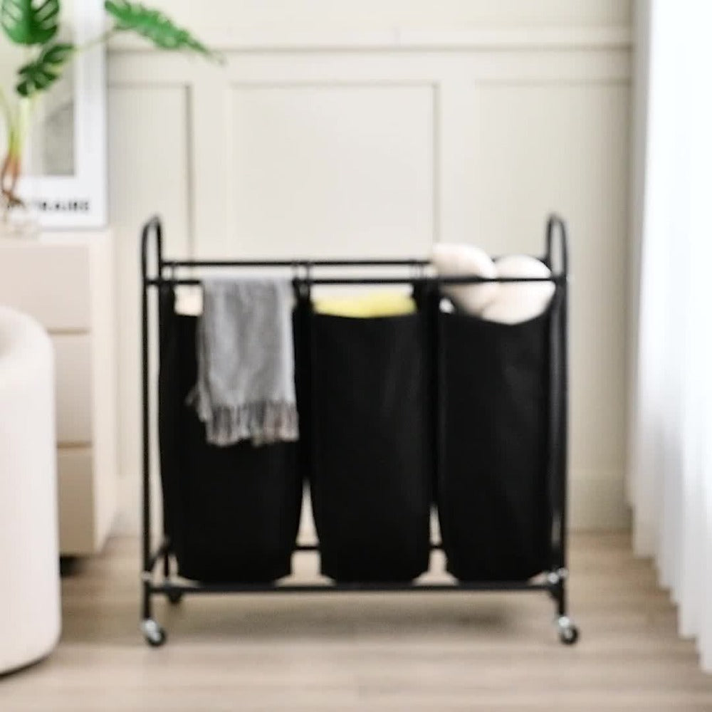 3-Bag Laundry Sorter Cart 63.4 Gallon – Rolling Hamper with Lockable Wheels & Removable Bags, Heavy-Duty Fabric Laundry Basket for Bedroom & Laundry Room, Black Gray Beige Brown