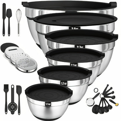 Stainless Steel Mixing Bowl Set 26pcs with 6 Bowls 20 Kitchen Tools Anti-Slip Bottom Multiple Sizes for Baking Cooking Meal Prep Storage