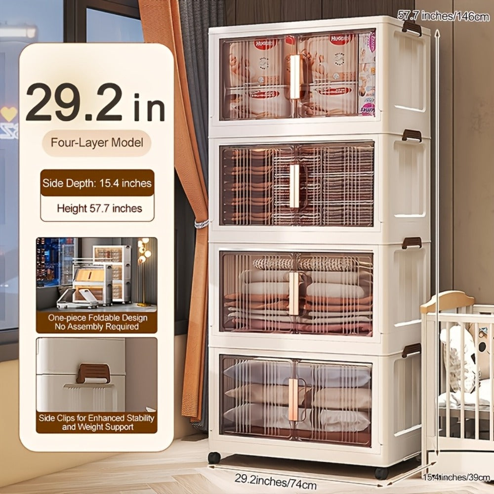 Folding Storage Cabinet with Wheels, 3/4/5-Tier Stackable Plastic Storage Bins with Lids & Magnetic Doors, Foldable Large Organizer with 360° Lockable Wheels for Home Office Kitchen Bathroom Garage