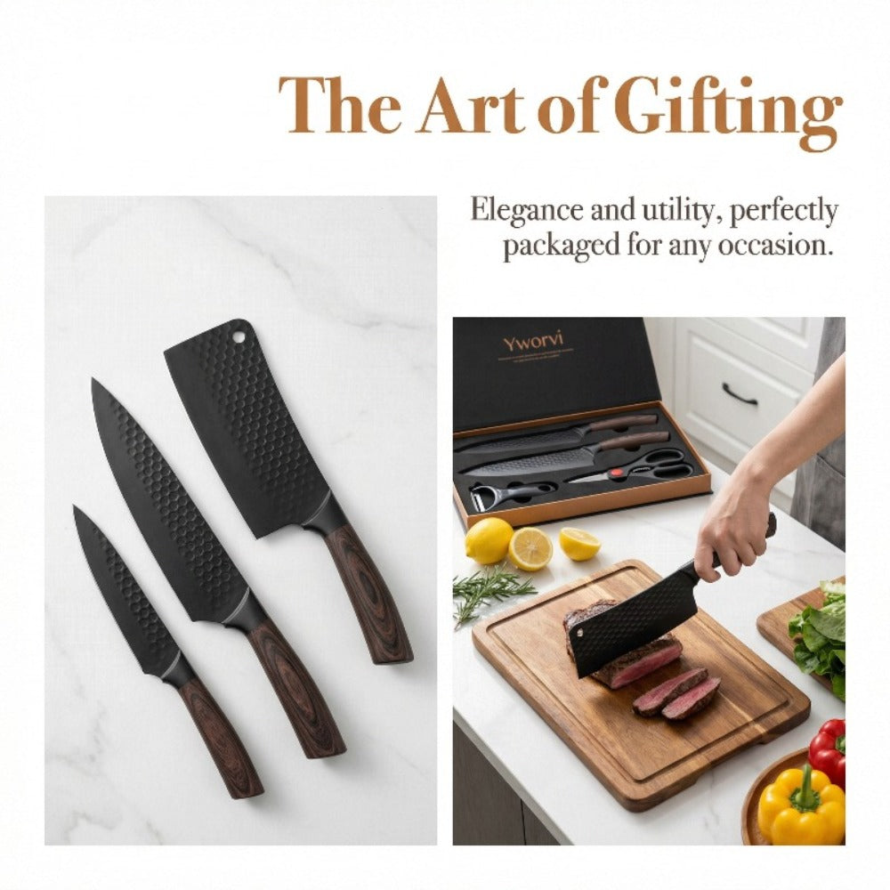 Chef Knife Set 7 Piece High Carbon Stainless Steel Ultra Sharp – Anti-Stick Ergonomic PP Handle, Includes Slicing Knife, Scraper, Scissors & Whetstone, Gift Box for Home, Family & Travel