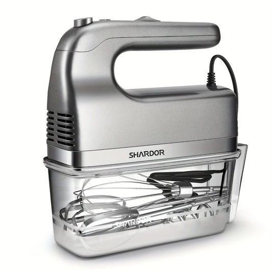 Electric Hand Mixer 250W with Storage Case – 5-Speed Plus Turbo Handheld Mixer with 5 Stainless Steel Attachments (2 Beaters, 2 Dough Hooks & 1 Whisk) – Kitchen Baking Mixer in Blue, Black, White & Silver