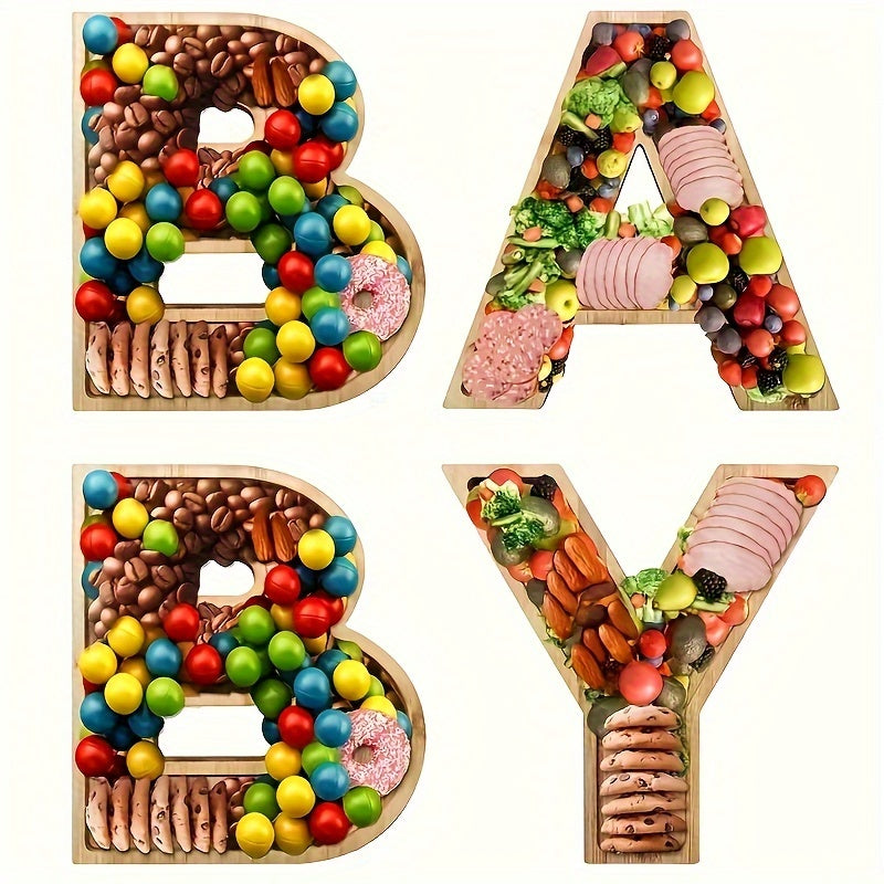 Baby Shower Charcuterie Board Set – 4-Piece BABY Letter Shaped Wooden Serving Tray, Bamboo Snack Platter for Gender Reveal, Birthday Party, Cake & Cookie Display