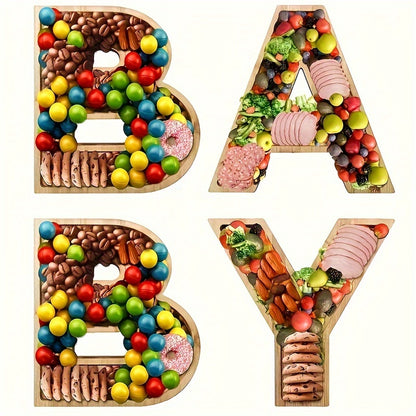 Baby Shower Charcuterie Board Set – 4-Piece BABY Letter Shaped Wooden Serving Tray, Bamboo Snack Platter for Gender Reveal, Birthday Party, Cake & Cookie Display