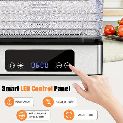 Food Dehydrator Machine 5 Stainless Steel Trays 420W with 48-Hour Timer Temperature Control 95-160°F 360° Airflow BPA-Free Dehydrator for Jerky Herbs Meat Fruit Mushrooms with Recipe Book