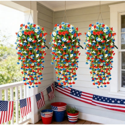 Artificial Hanging Morning Glory Flowers 6pcs - Red White Blue Fake Flower Vines for Home Garden Outdoor Indoor Decor, Independence Day Memorial Day Decoration, No Maintenance Plastic Blooms