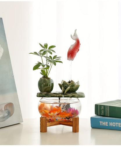 USB Desktop Fish Waterfall Fountain with Glass Bowl – Relaxing Indoor Water Feature Tabletop Decor Zen Fountain Gift