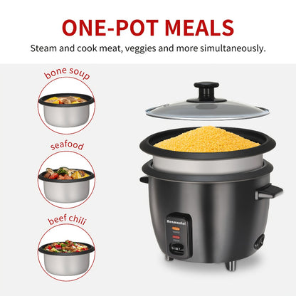 Rice Cooker & Yogurt Maker 3-Cup Nonstick – 1.5Qt Multicooker with Auto Keep Warm, One-Touch Operation, Stainless Steel Inner Liner & Steamer for Grain, Oatmeal & More