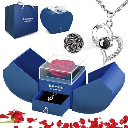 Preserved Real Rose Gift Box with I Love You in 100 Languages Necklace – Romantic Gifts for Girlfriend Wife Mom – Valentine's Day Birthday Mother's Day Christmas Gift Idea for Women