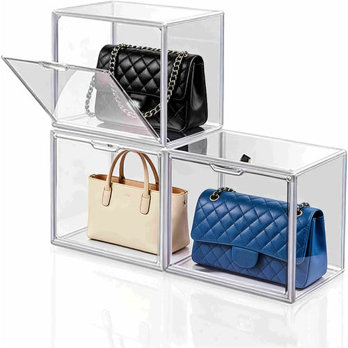 Clear Purse Organizer for Closet – Transparent Acrylic Handbag Display Case with Magnetic Door, Dustproof Stackable Storage Box for Purses, Bags, Collectibles & Cosmetics, Set of 3