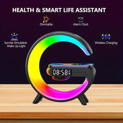 Wireless Charger with RGB Night Light – 4-in-1 Bluetooth Speaker Alarm Clock Wake Up Light, 256 RGB Colors, Qi Fast Charging for iPhone Samsung, Bedside Nightstand Lamp