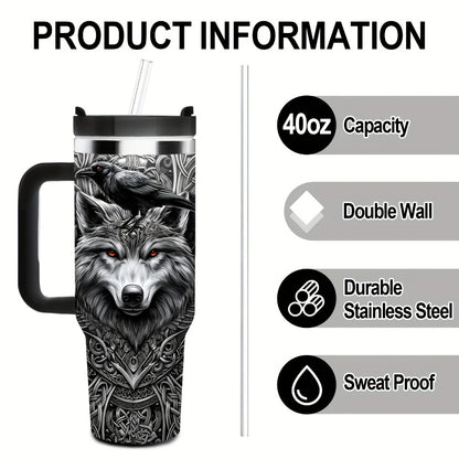 40oz Viking Tumbler with Handle - Wolf Raven Norse Mythology Celtic Knot Stainless Steel Insulated Travel Mug, Viking Gift for Men Women, Coffee Mug for Viking Lovers, Norse Mythology Gift