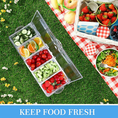 Condiment Caddy with Lid 5 Compartments Clear Serving Tray Bar Fruit Caddy Ice Tray Party Toppings Container Garnish Station