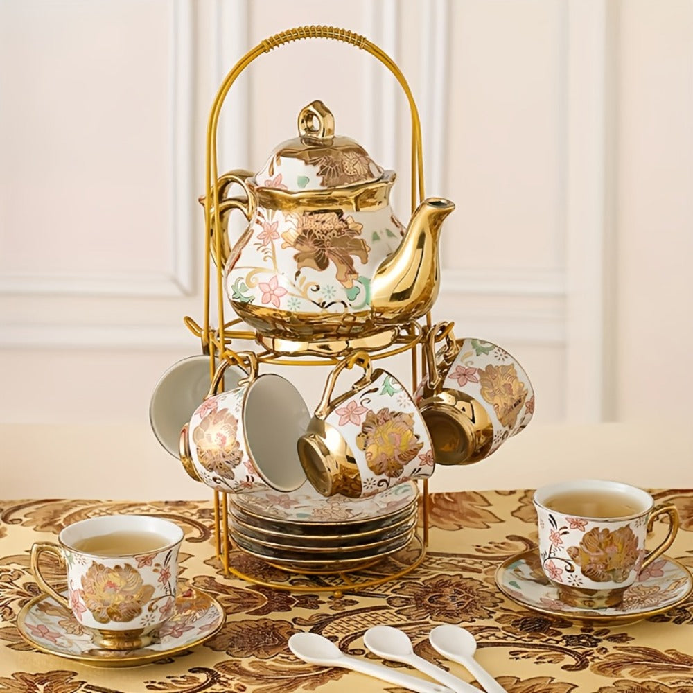 20-Piece Floral Ceramic Tea Set with Saucers & Metal Stand | European Afternoon Tea Service, Blooming Design, Complete Tea Accessories, Gift for Tea Lovers