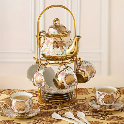 20-Piece Floral Ceramic Tea Set with Saucers & Metal Stand | European Afternoon Tea Service, Blooming Design, Complete Tea Accessories, Gift for Tea Lovers