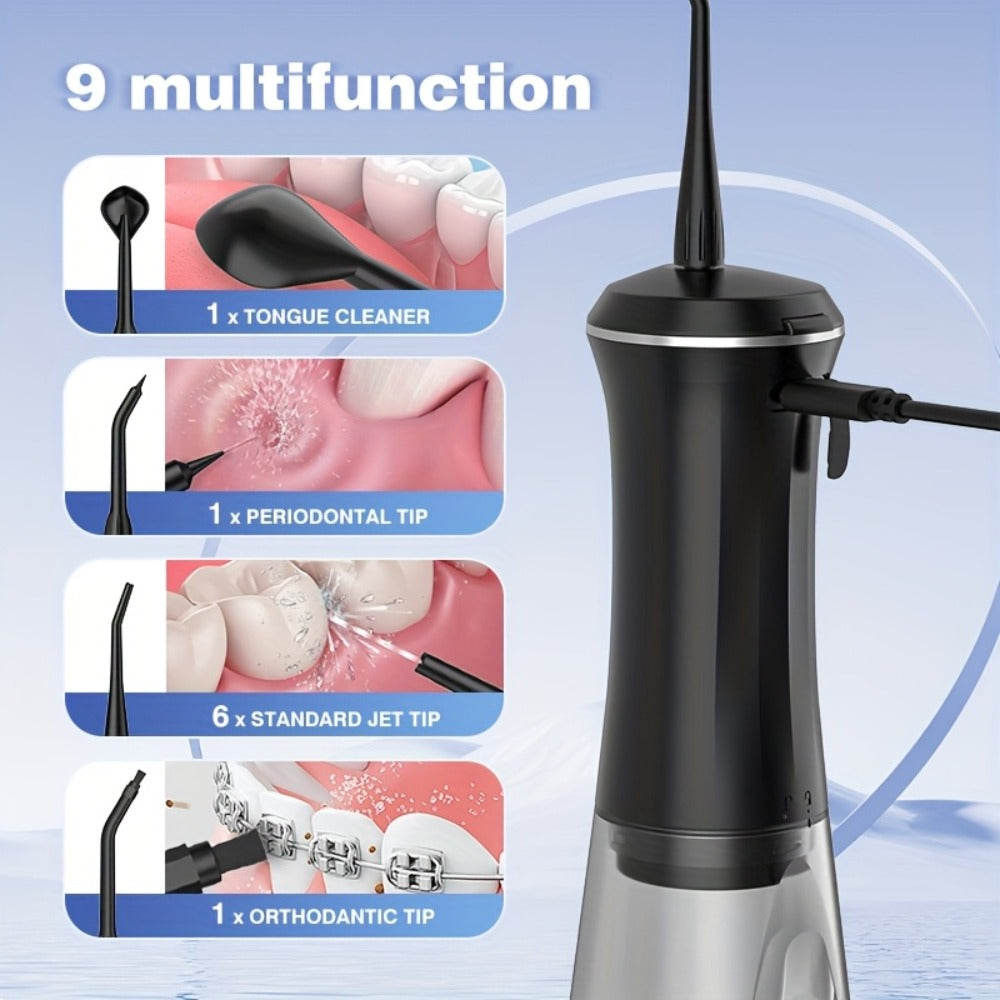 Water Flosser Electric Oral Irrigator 9 Replaceable Nozzles 350mL Tank 20-Day Battery 360° Rotatable Tip Intelligent Pressure Control Deep Teeth Gum Cleaning