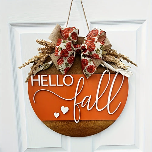 Hello Fall 3D Door Hanger – Autumn Harvest Pumpkin Wheat Bow Fall Wreath Door Sign Seasonal Home Decor