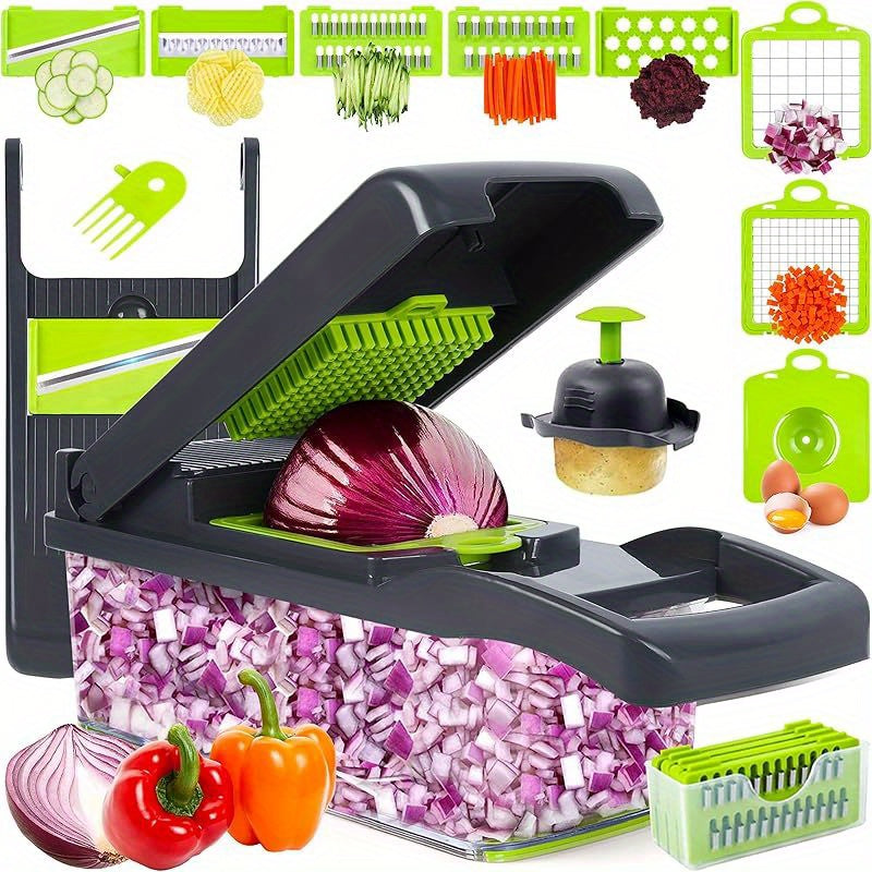 Vegetable Chopper 16-in-1 Manual Food Chopper Set – 8 Interchangeable Blades with Container, Grater & Strainer – Professional Onion Slicer & Dicer for Carrots, Garlic & Salad Kitchen Prep