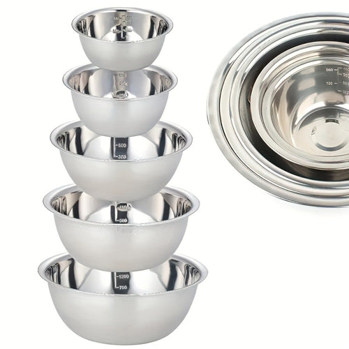 Stainless Steel Mixing Bowl Set 5-Pack with Measurement Markings for Kitchen Cooking Baking Salad Vegetable Washing Fruit Serving & Meal Prep – Stackable Nesting Bowls