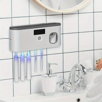Toothbrush Holder Wall Mount with Toothpaste Dispenser Solar Rechargeable Cordless Space Saving Bathroom Organizer Toothbrush Storage for Bathroom Counter Vanity