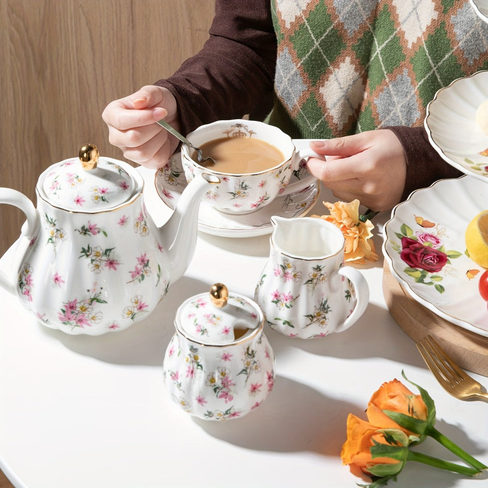 Porcelain Tea Set for 6 - 22 Piece British Royal Floral Service with Teapot, Cups & Saucers, Sugar Bowl, Cream Pitcher & Tea Strainer