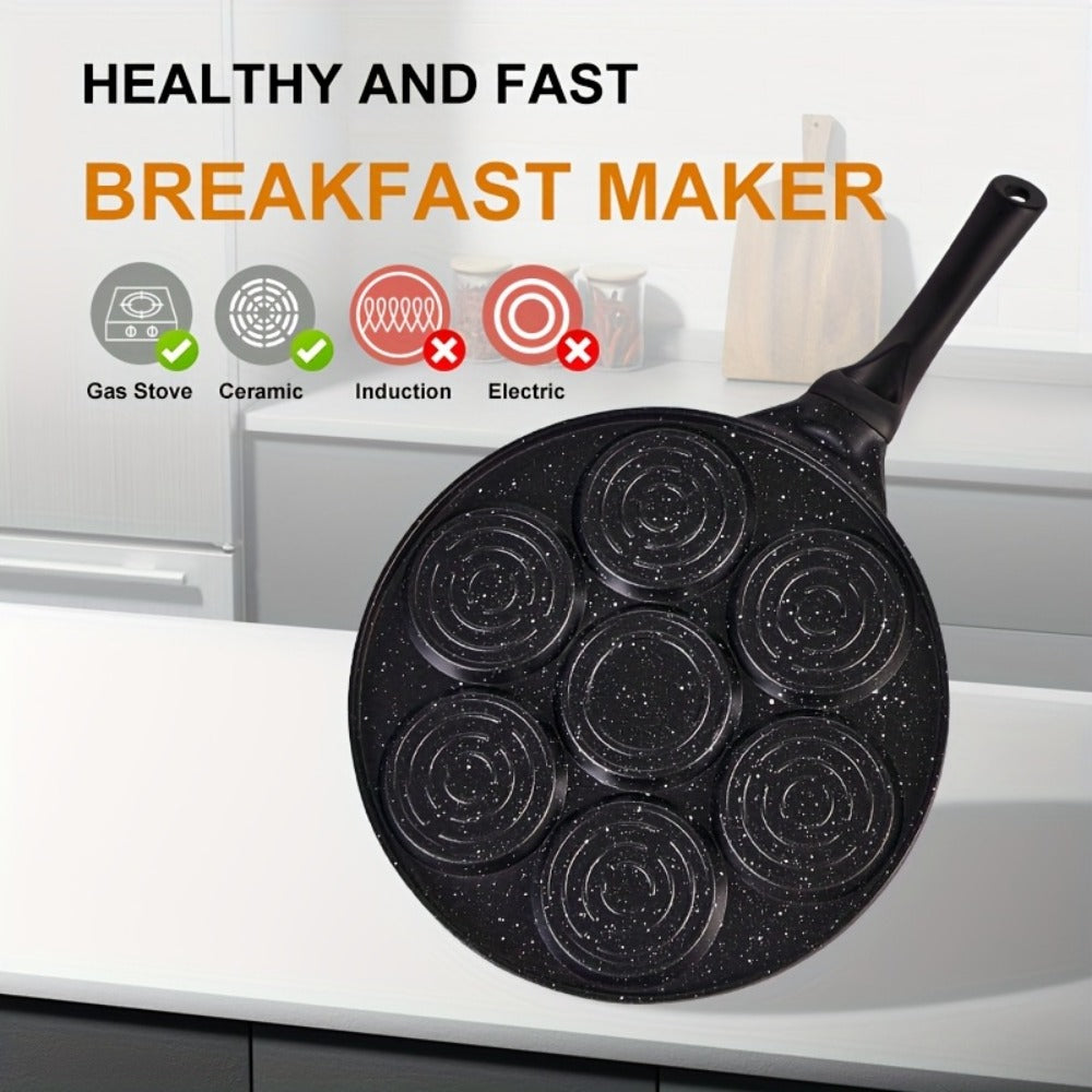7-Hole Non-Stick Pancake Pan Smiley Face – Aluminum Alloy Breakfast Maker with Detachable Handle for Gas Stove | Oven & Dishwasher Safe Crepe Waffle Egg Mold Cooking Pan Even Heat Distribution Black