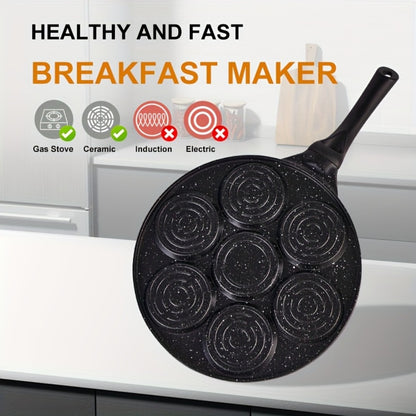 7-Hole Non-Stick Pancake Pan Smiley Face – Aluminum Alloy Breakfast Maker with Detachable Handle for Gas Stove | Oven & Dishwasher Safe Crepe Waffle Egg Mold Cooking Pan Even Heat Distribution Black