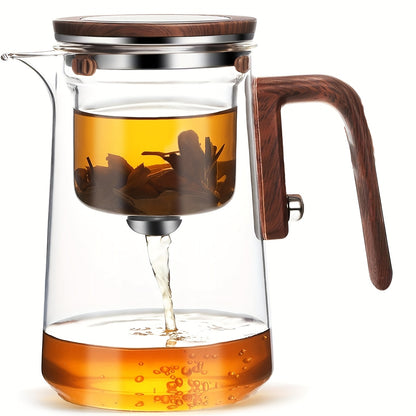 Glass Teapot with Infuser & Wooden Handle – Borosilicate Tea Kettle, One-Button Tea-Water Separation, Drip-Free Spout, 27oz for Loose Leaf & Blooming Tea, Holiday Gift for Men & Women