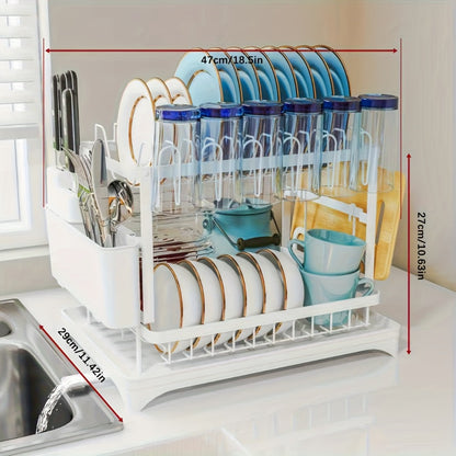 Dish Drying Rack 2 Tier with Drainboard for Kitchen Counter Metal Dish Drainer with Utensil Holder Cups Organizer Space Saving Kitchen Drying Rack Black White