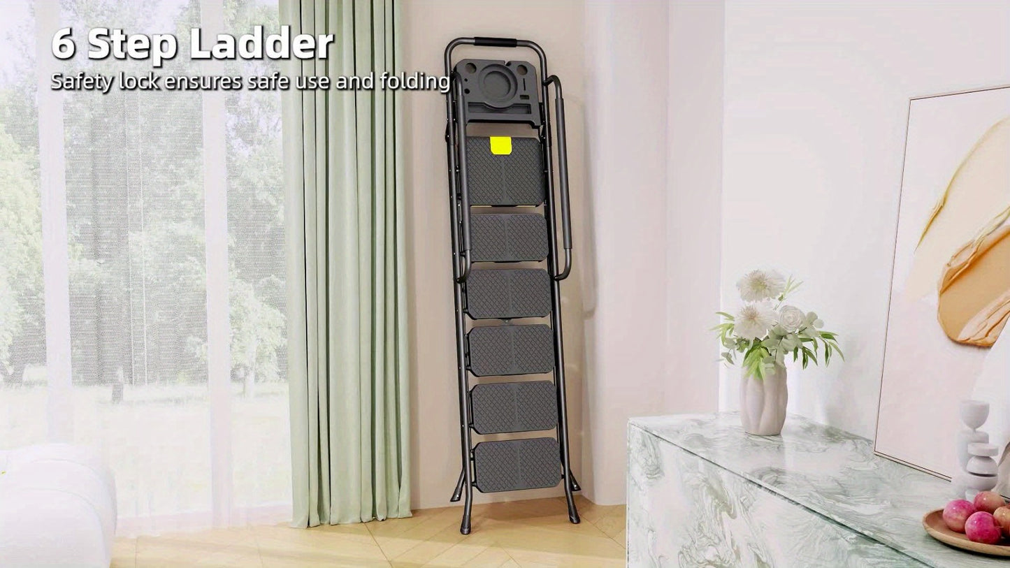 6 Step Ladder with Handrails & Tool Platform 800 LBS – Folding Step Stool Wide Pedal Steel Safety Ladder for Adults, Painting, Home, Garage & Outdoor Use – Auto Safety Lock, Compact Storage