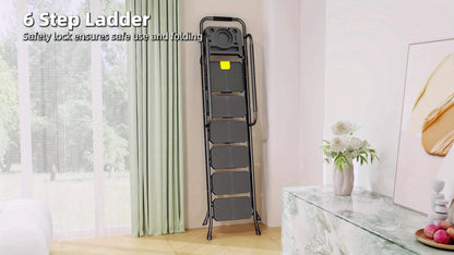 6 Step Ladder with Handrails & Tool Platform 800 LBS – Folding Step Stool Wide Pedal Steel Safety Ladder for Adults, Painting, Home, Garage & Outdoor Use – Auto Safety Lock, Compact Storage