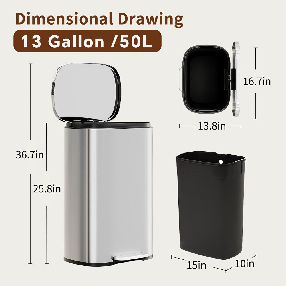 Stainless Steel Trash Can with Pedal & Removable Inner Bucket Fingerprint-Proof Kitchen Garbage Can with Hinged Lid – 5L / 30L / 50L / 13 Gallon for Kitchen, Home & Office