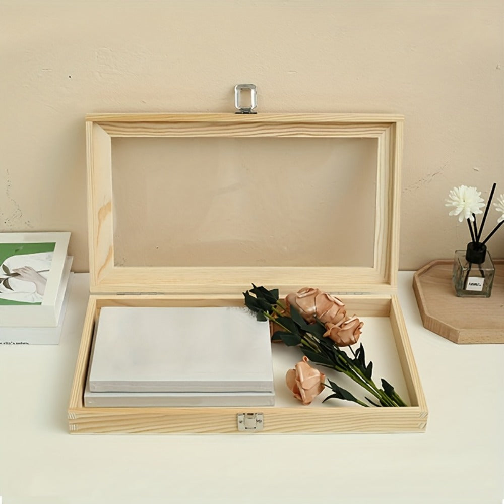 Lockable Wooden Display Storage Box with Acrylic Window – Jewelry & Collectibles Organizer Drawer Box, Elegant Wood Finish, Clear Viewing Panel, Gift Box
