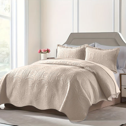 Quilt Set 3 Piece Lightweight Microfiber Bedspread with Pillow Shams - Coin Pattern Coverlet All Season Soft Bed Quilt Full Queen King Orange White Grey Green Khaki