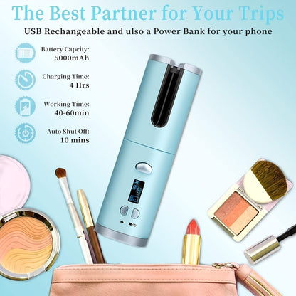 Cordless Curling Iron 1 Inch USB Rechargeable, Automatic Rotating Ceramic Curling Wand with 6 Heat Settings LCD Display, Scald-Free Detangle Hair Curler for All Hair Types Wet Dry Styling