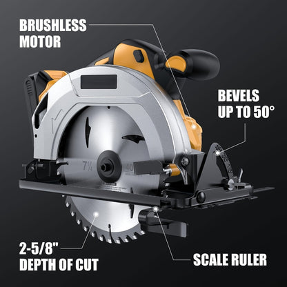 Brushless Cordless Circular Saw for Dewalt 20V MAX Battery - 7-1/4 Inch 0-50° Bevel Cut Electric Saw with Saw Blades Included